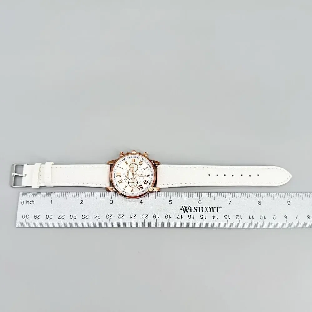 Geneva Womens Rose Gold Tone Watch White Strap Quartz Roman Numerals Earring Set